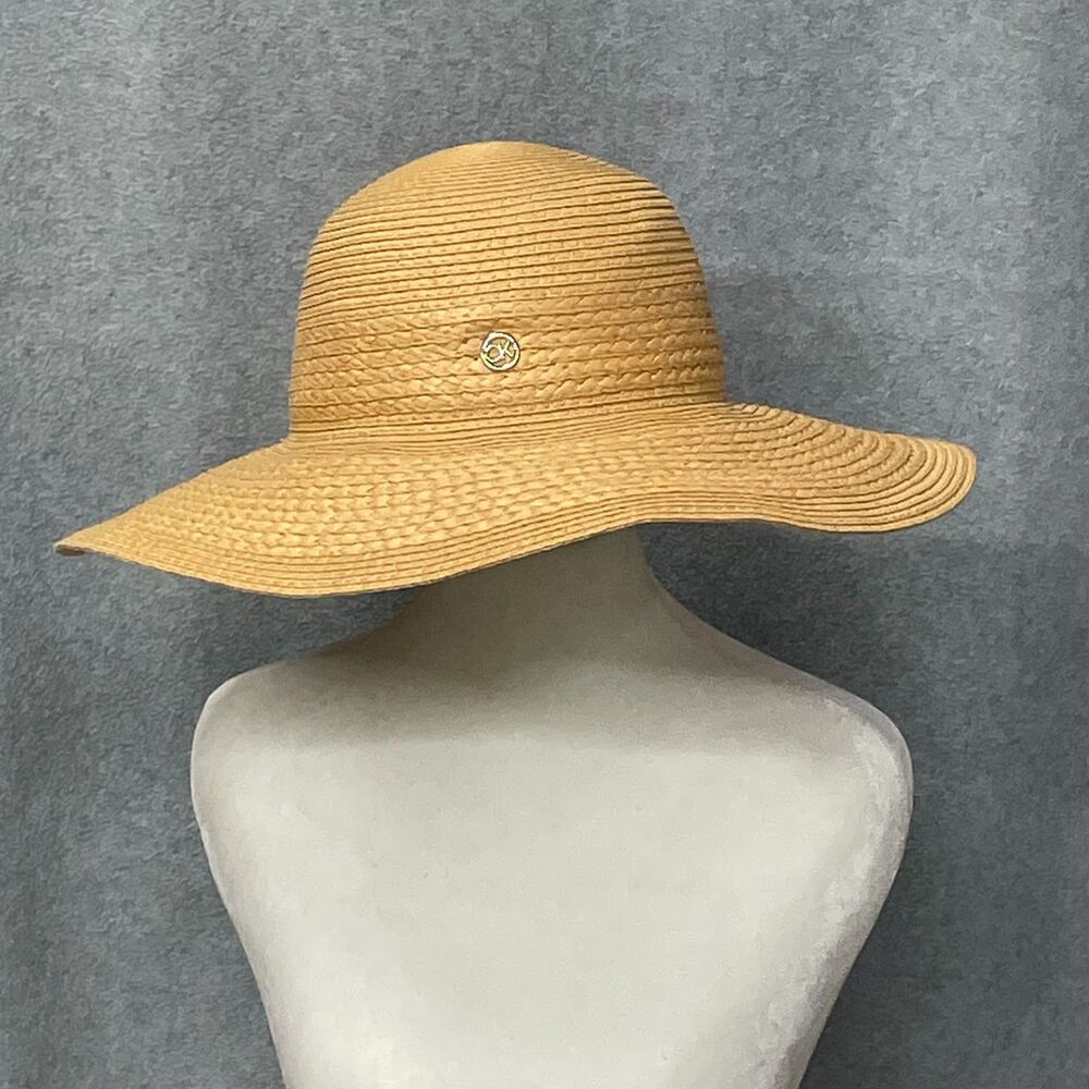 Calvin Klein Wide Brim Straw Sun Hat Tan Floppy Summer Beach Vacation Hat